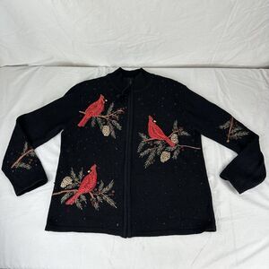 Tiara International Christmas 2004 Embroidered Beaded Zip Cardigan S birds cardi